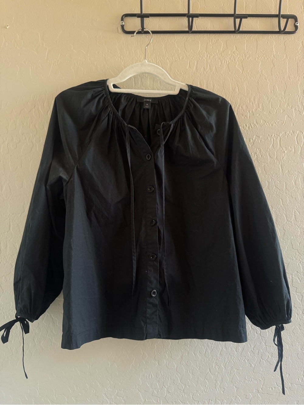 J. Crew Black Button-Front Tie-Neck Blouse